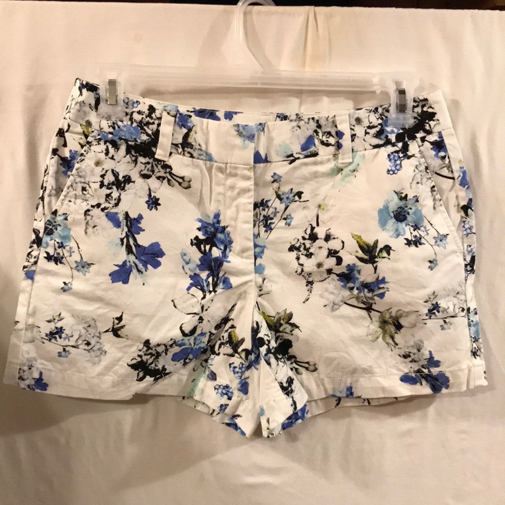 LOFT White Floral Cotton Blend Shorts with Blue Print